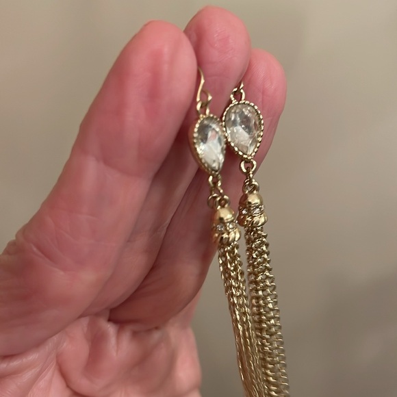 Boutique Style Long Dangle Chain Rhinestone Earrings, Gold-tone - Picture 9 of 15